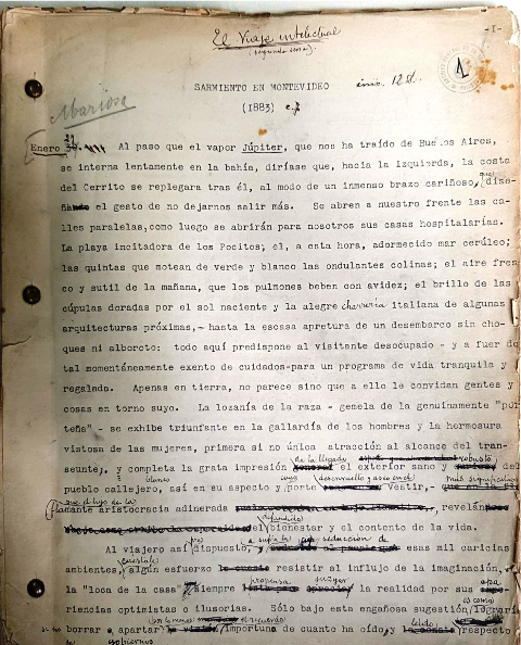 Borrador mecanografiado con anotaciones manuscritas de Sarmiento en Montevideo (fondo Paul Groussac, Archivo General de la Nación)